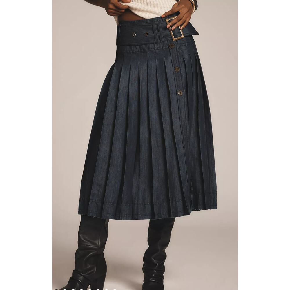 Pilcro Low-Slung Pleated Midi Skirt size 6 Rinsed Dark Denim